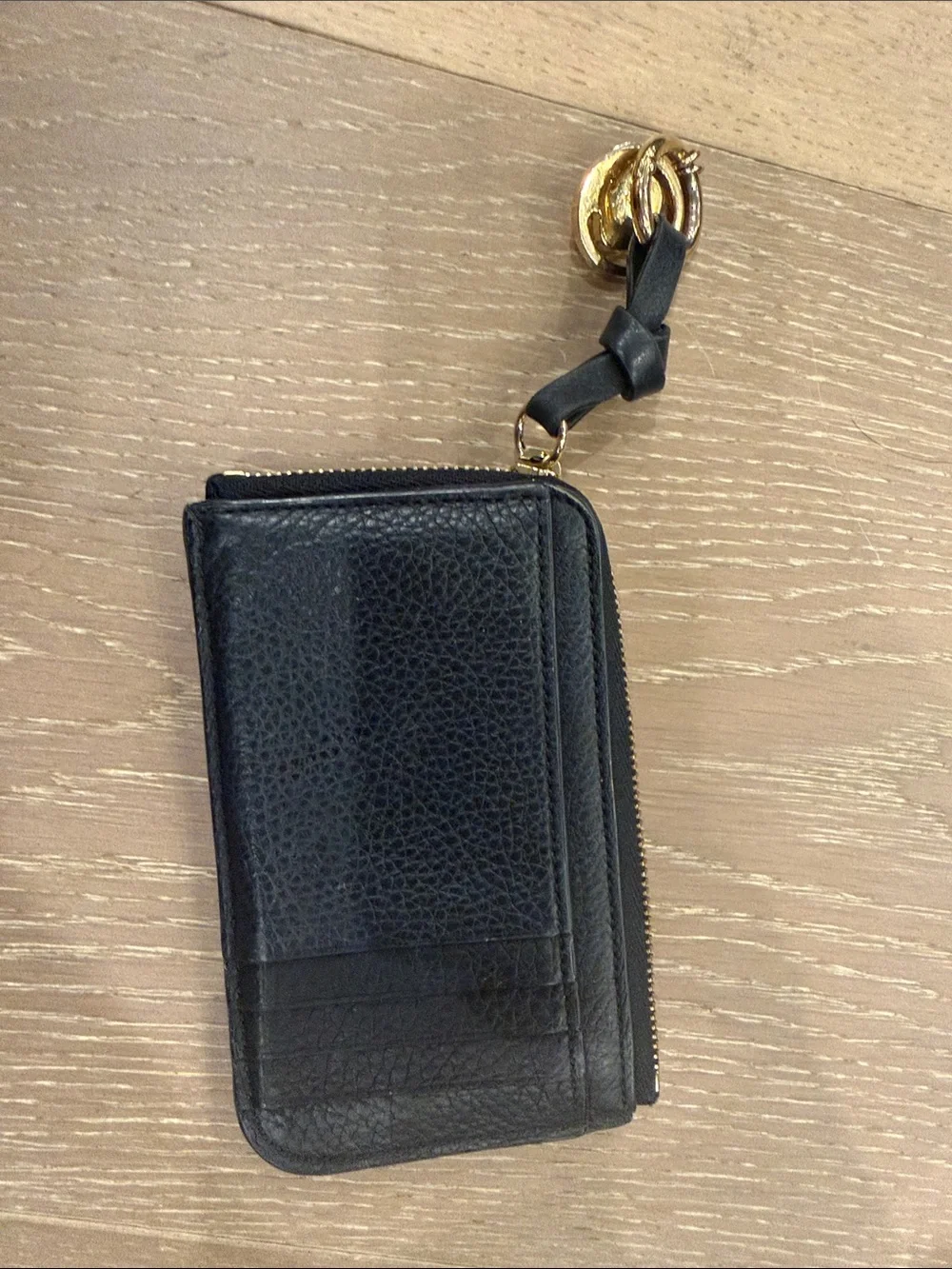 Chloé Black Leather Zip Card Holder with Gold Charm Detail
